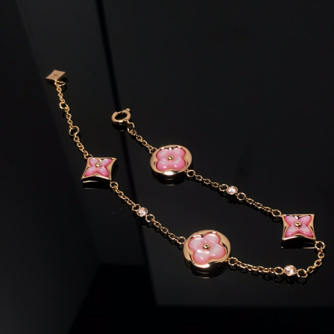 [RAFFINE]STAR AND SUN 4 MOTIF PINK MOP PINK GOLD BRACELET