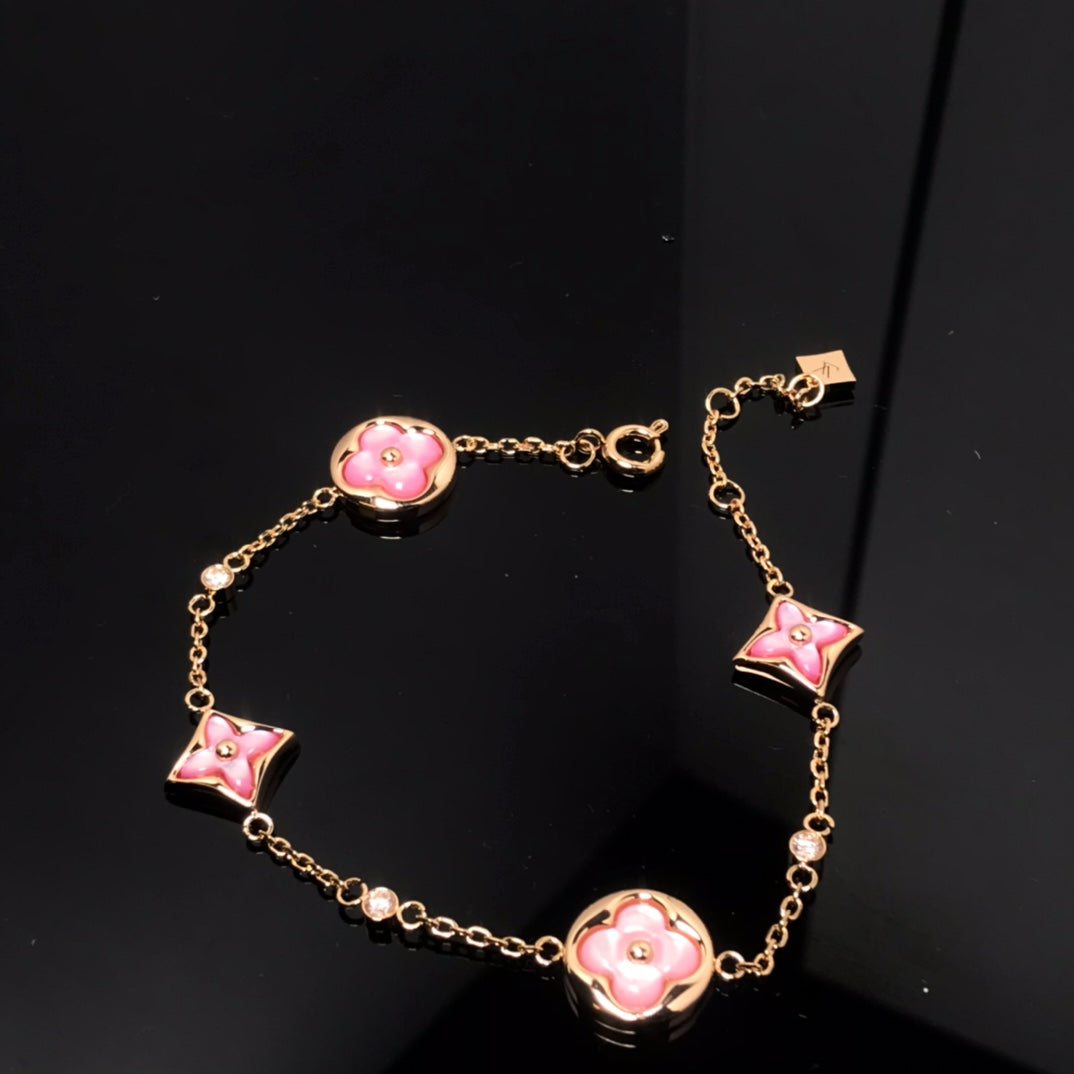 [RAFFINE]STAR AND SUN 4 MOTIF PINK MOP PINK GOLD BRACELET