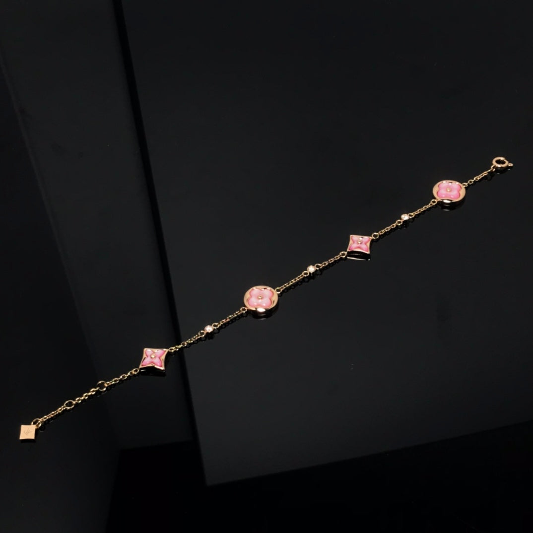 [RAFFINE]STAR AND SUN 4 MOTIF PINK MOP PINK GOLD BRACELET