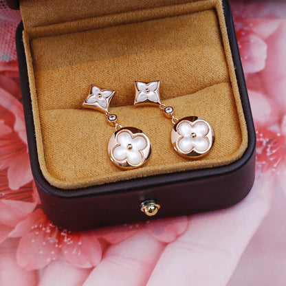 [RAFFINE] PENDIENTES DE LONGITUD DE TRAPEZOIDAL DE ORO ROSA CON ESTRELLA Y SOL