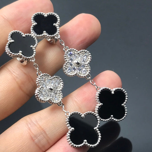 [RAFFINE]CLOVER 3 MOTIF DIAMOND ONYX SILVER EARRINGS