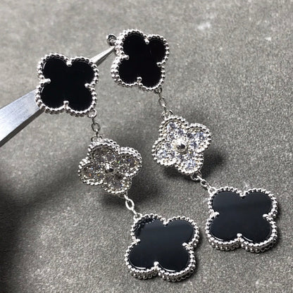 [RAFFINE]CLOVER 3 MOTIF DIAMOND ONYX SILVER EARRINGS