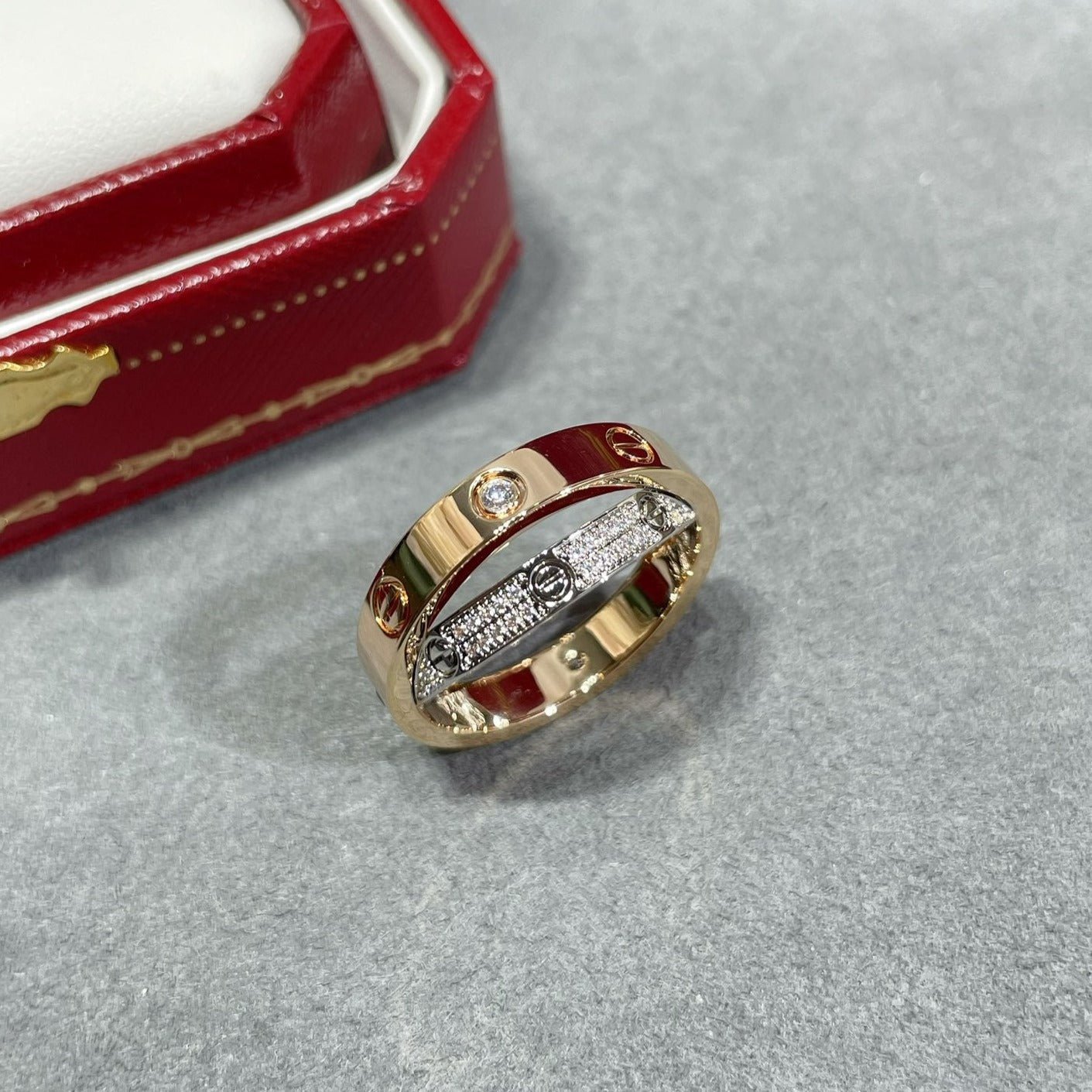 [Raffine]LOVE PINK GOLD SILVER DIAMOND DOUBLE RING