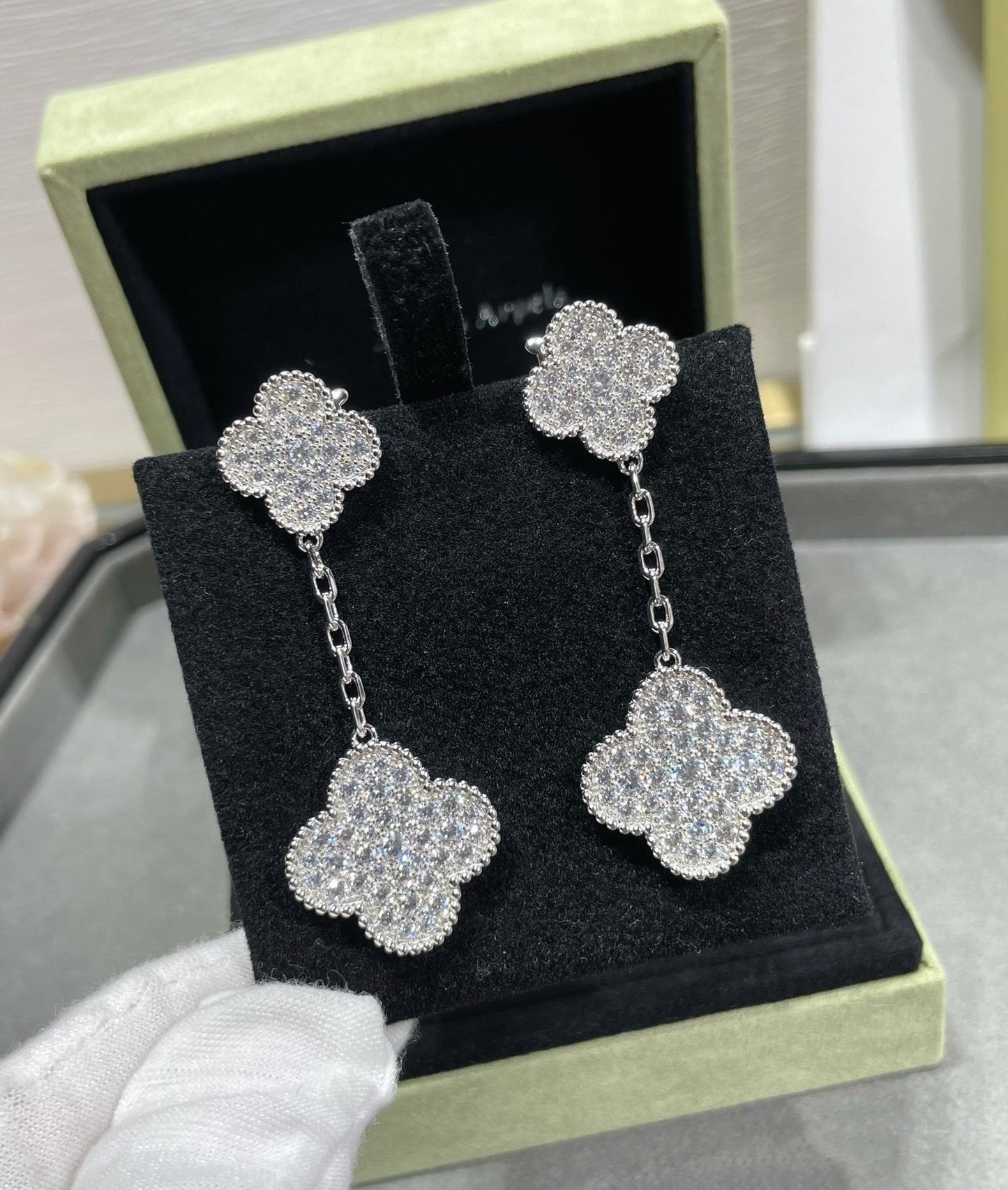 [RAFFINE]CLOVER 2 MOTIFS DIAMOND PAVED SILVER EARRINGS