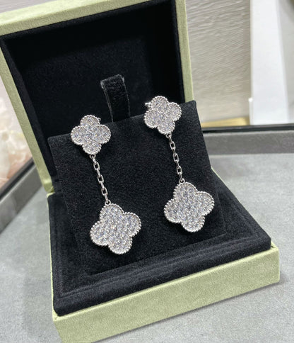 [RAFFINE]CLOVER 2 MOTIFS DIAMOND PAVED SILVER EARRINGS