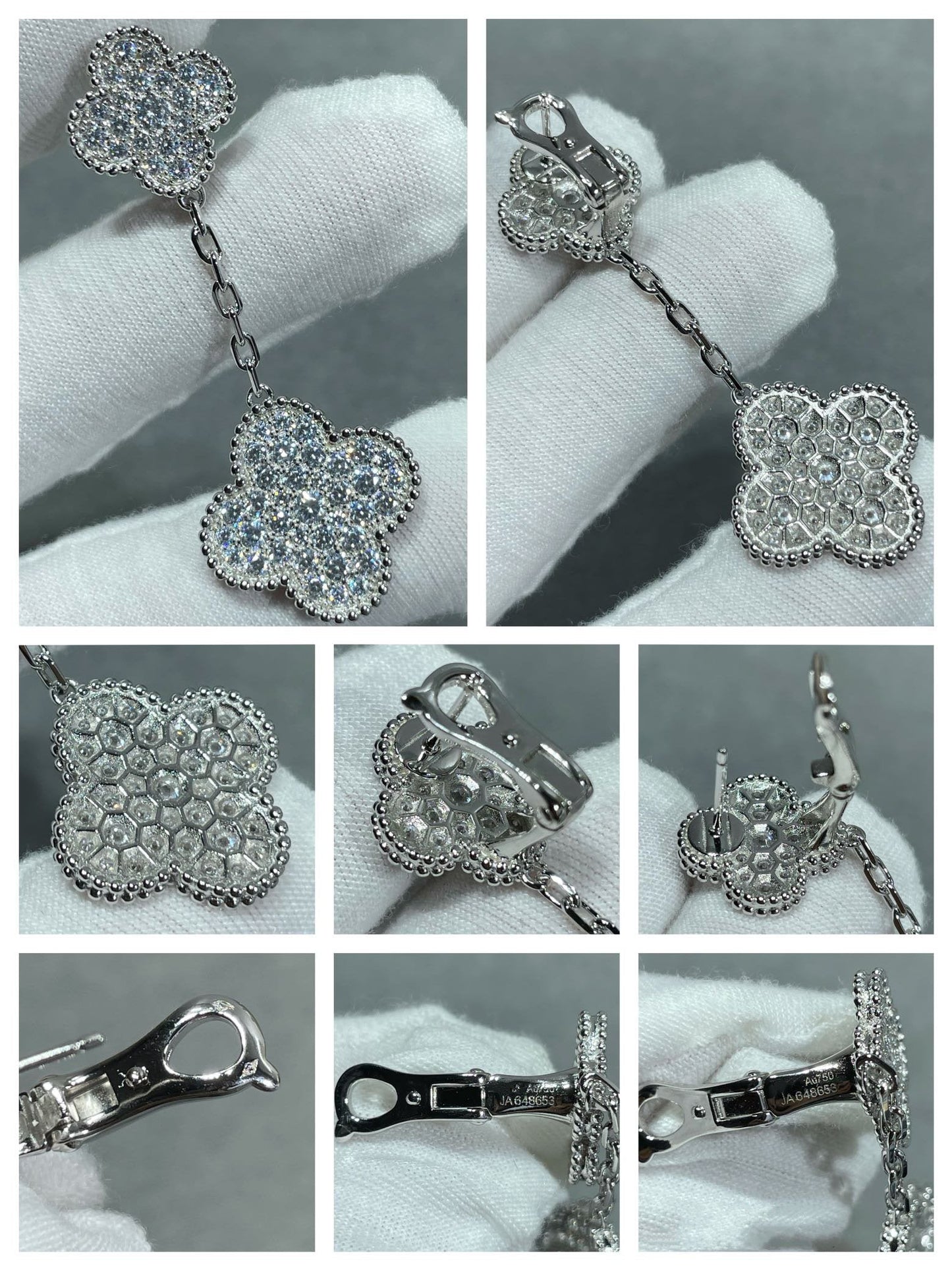 [RAFFINE]CLOVER 2 MOTIFS DIAMOND PAVED SILVER EARRINGS