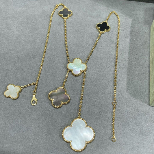 [RAFFINE]CLOVER 6 MOTIF MOP ONYX GOLD NECKLACE