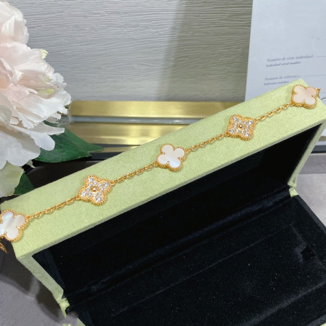 [RAFFINE]CLOVER 5 MOTIF DIAMOND PINK MOP PINK GOLD BRACELET