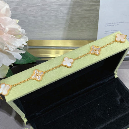 [RAFFINE]CLOVER 5 MOTIF DIAMOND PINK MOP PINK GOLD BRACELET