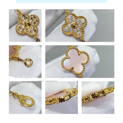 [RAFFINE]CLOVER 5 MOTIF DIAMOND PINK MOP PINK GOLD BRACELET