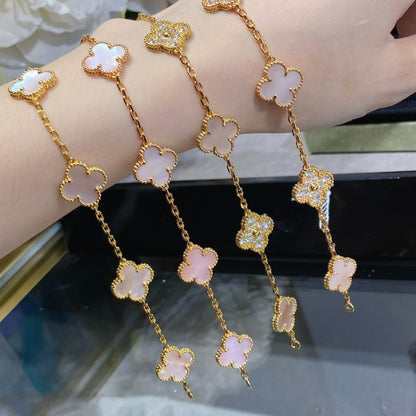 [RAFFINE]CLOVER 5 MOTIF DIAMOND PINK MOP PINK GOLD BRACELET