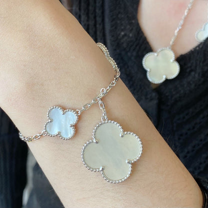[RAFFINE]CLOVER 5 MOTIF WHITE MOP SILVER BRACELET