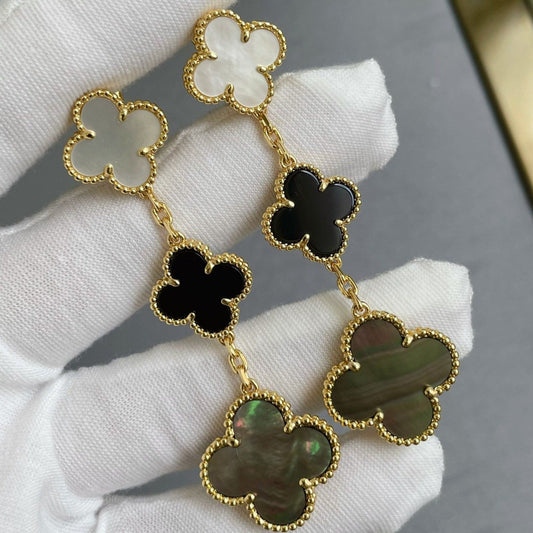 [RAFFINE]CLOVER 3 MOTIF MOP ONYX DARK MOP PINK GOLD EARRINGS