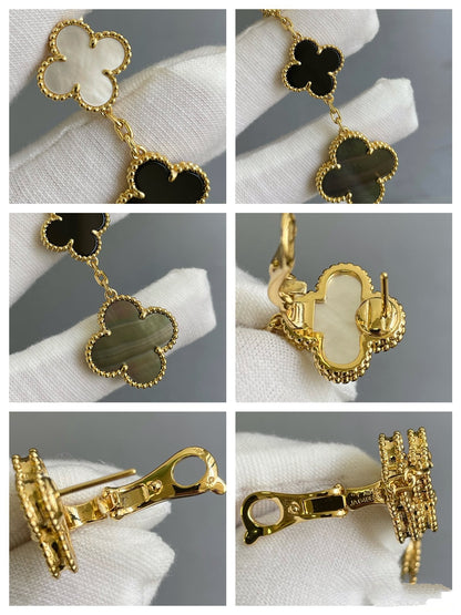 [RAFFINE]CLOVER 3 MOTIF MOP ONYX DARK MOP PINK GOLD EARRINGS