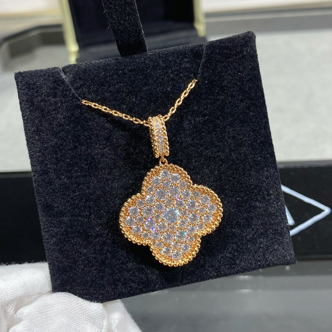 [RAFFINE]CLOVER 25MM LARGE PEDANT DIAMOND PAVED LONG NECKLACE