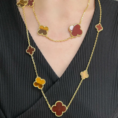 [RAFFINE]CLOVER 16 MOTIF CARNELIAN TIGER EYE ROSE GOLD NECKLACE