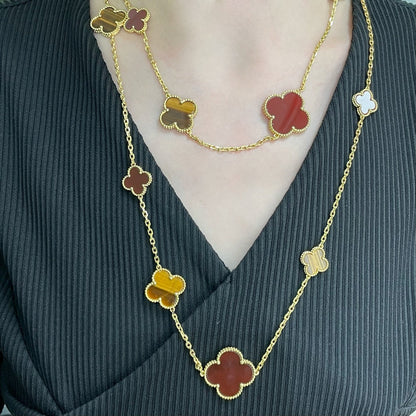 [RAFFINE]CLOVER 16 MOTIF CARNELIAN TIGER EYE ROSE GOLD NECKLACE