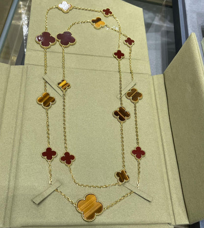 [RAFFINE]CLOVER 16 MOTIF CARNELIAN TIGER EYE ROSE GOLD NECKLACE