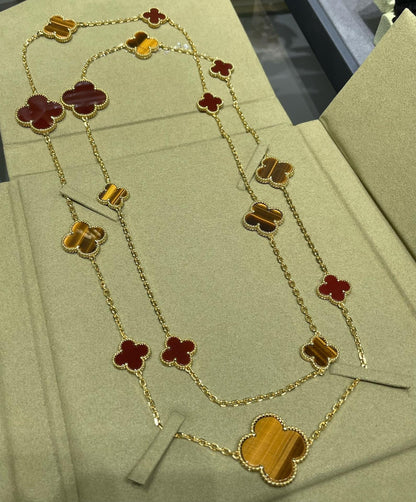 [RAFFINE]CLOVER 16 MOTIF CARNELIAN TIGER EYE ROSE GOLD NECKLACE