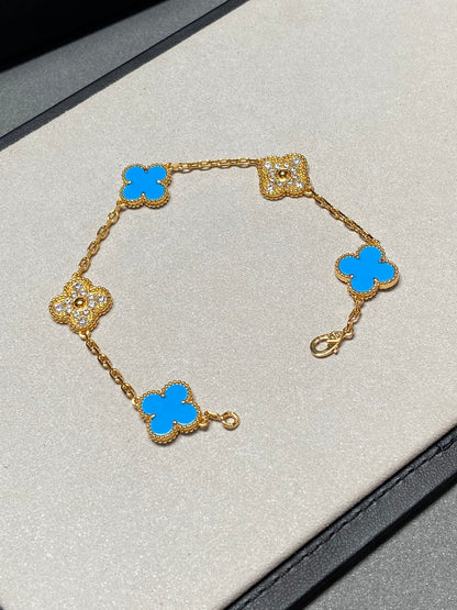 [Raffine]BRACELET EN OR ET DIAMANTS À 5 MOTIFS EN CALCÉDOINE BLEUE 