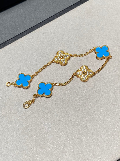 [Raffine]BRACELET EN OR ET DIAMANTS À 5 MOTIFS EN CALCÉDOINE BLEUE 