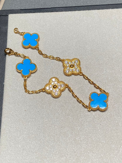 [Raffine]BRACELET EN OR ET DIAMANTS À 5 MOTIFS EN CALCÉDOINE BLEUE 