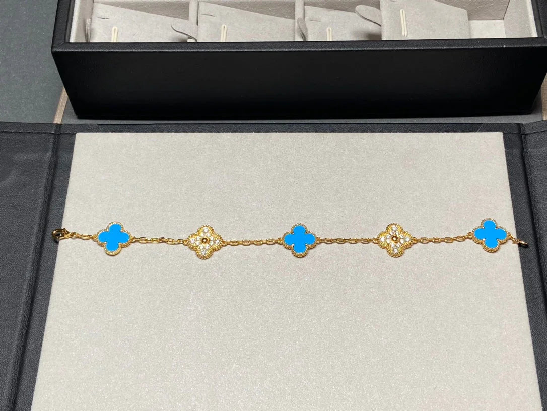[RAFFINE] KLEEBELATT 5 MOTIV BLAUER ACHAT ARMBAND KOLLEKTION