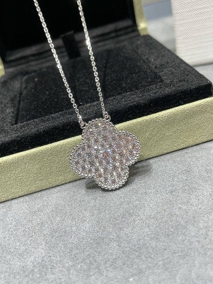 [RAFFINE]CLOVER 25MM LARGE PENDANT DIAMOND PAVED SILVER NECKLACE