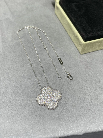 [RAFFINE]CLOVER 25MM LARGE PENDANT DIAMOND PAVED SILVER NECKLACE