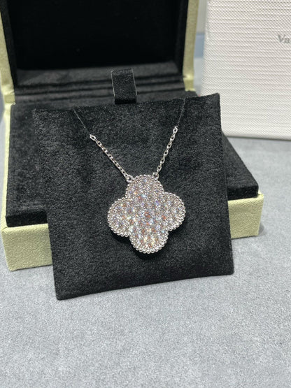 [RAFFINE]CLOVER 25MM LARGE PENDANT DIAMOND PAVED SILVER NECKLACE