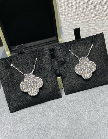 [RAFFINE]CLOVER 25MM LARGE PENDANT DIAMOND PAVED SILVER NECKLACE