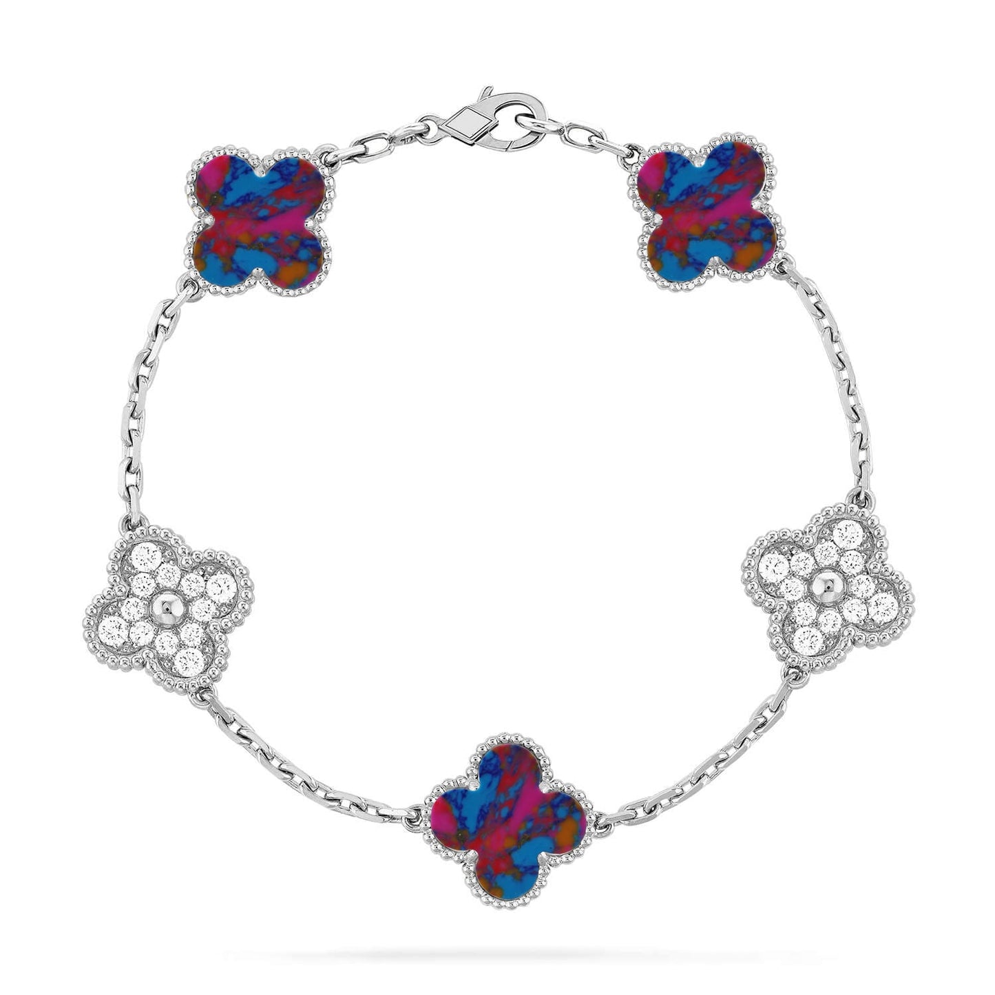 [RAFFINE]KLEEBKATTEN-ARMBAND MIT 5 MOTIVEN UND FARBIGEN EDELSTEINEN KOLLEKTION