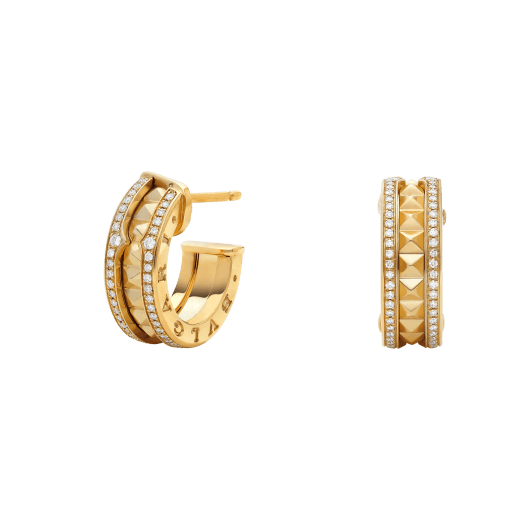 [RAFFINE] PENDIENTES DE ORO ZERO 1 ROCK CON ESPIRAL TACHUELADA Y DIAMANTES PAVÉ