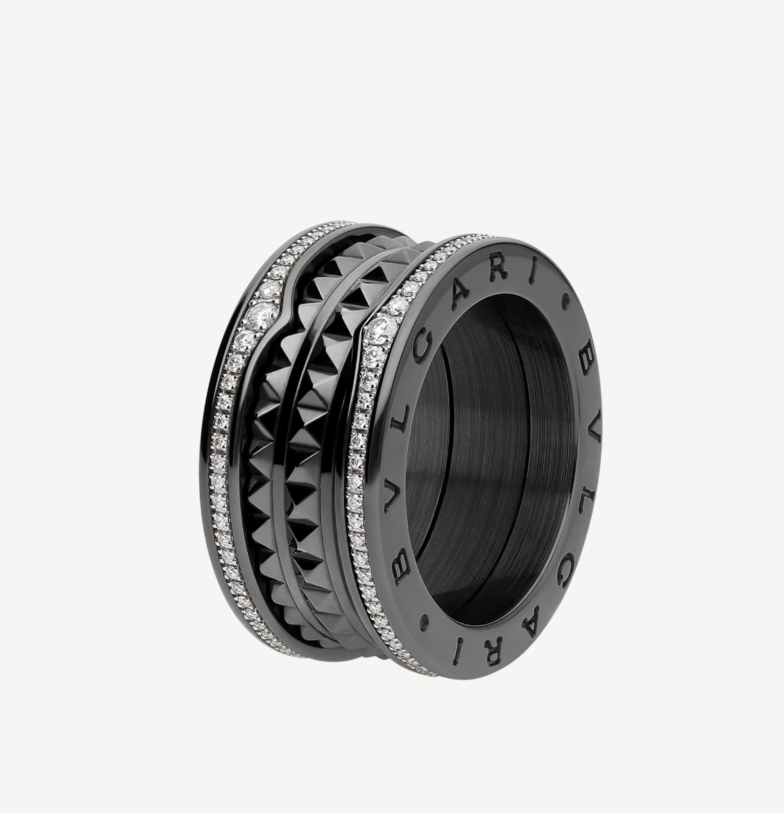 [RAFFINE] ANILLO ZERO 1 ROCK DE CUATRO BANDAS DE CERÁMICA NEGRA CON ESPIRAL TACHUELADA Y DIAMANTES PAVÉ