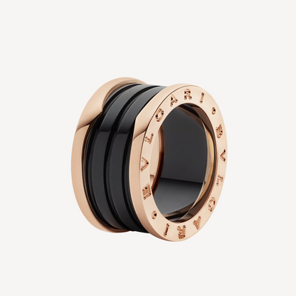 [RAFFINE]ZERO 1 ANILLO DE ORO ROSA CON CUATRO BANDAS Y ESPIRAL DE CERÁMICA NEGRA