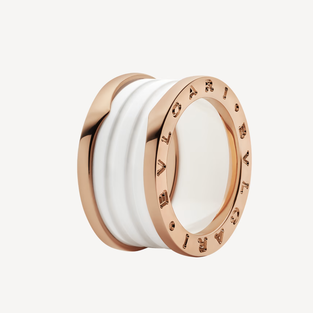 [RAFFINE]ZERO 1 ANILLO DE ORO ROSA CON CUATRO BANDAS Y ESPIRAL DE CERÁMICA BLANCA