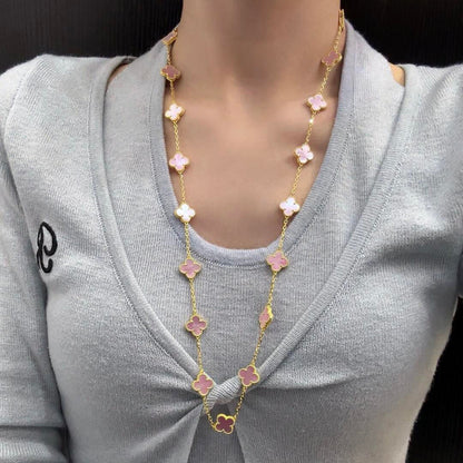 [RAFFINE]CLOVER 20 MOTIFS PINK MOP NECKLACE