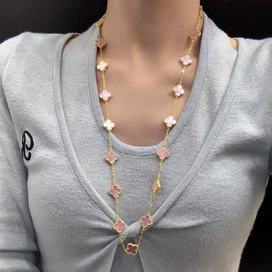 [RAFFINE]CLOVER 20 MOTIFS PINK MOP NECKLACE