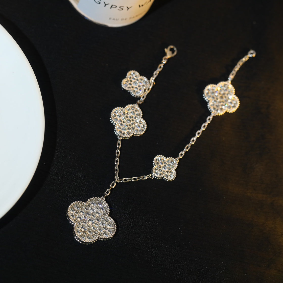 [RAFFINE]CLOVER BRACELET 5 MOTIF SILVER DIAMOND PAVED