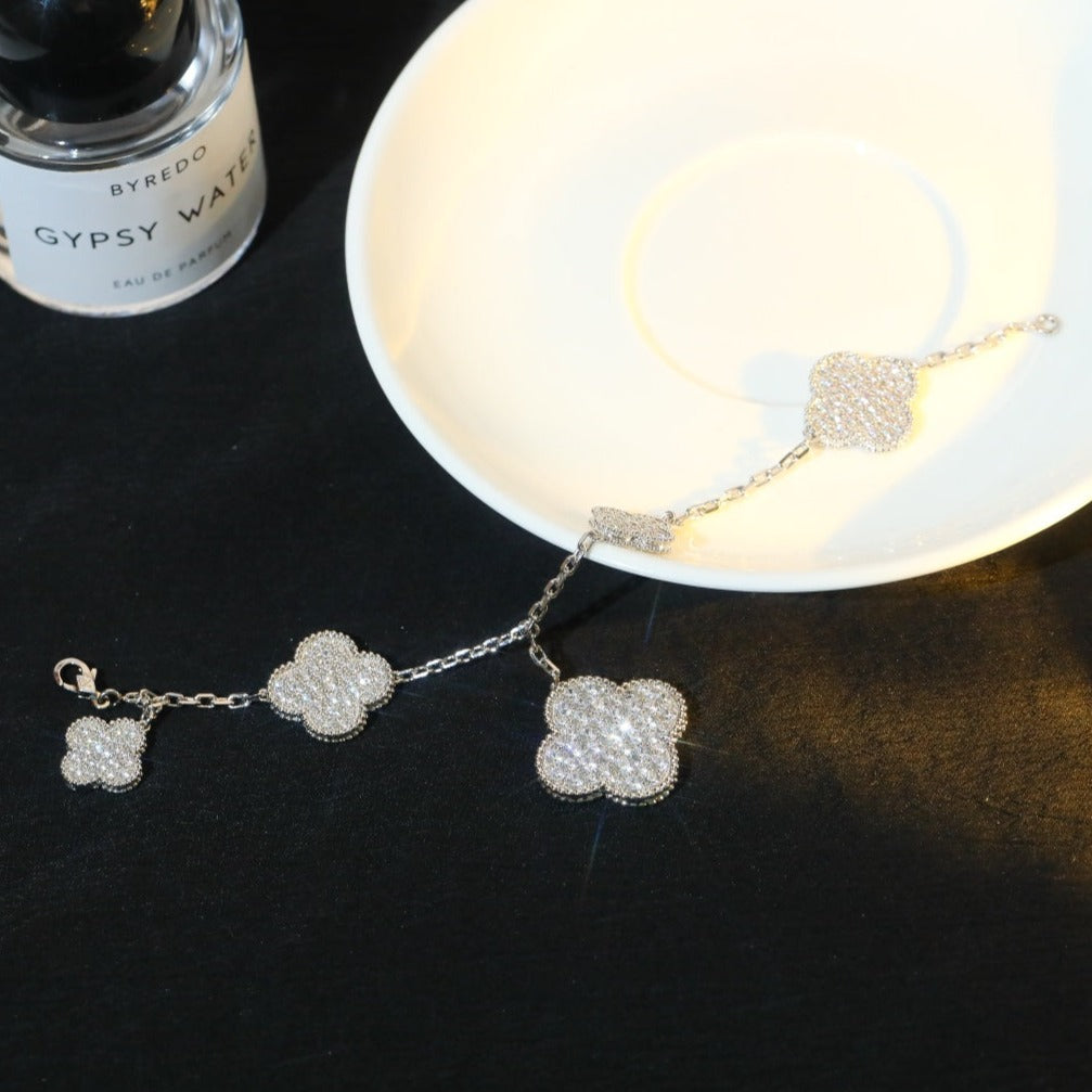 [RAFFINE]CLOVER BRACELET 5 MOTIF SILVER DIAMOND PAVED