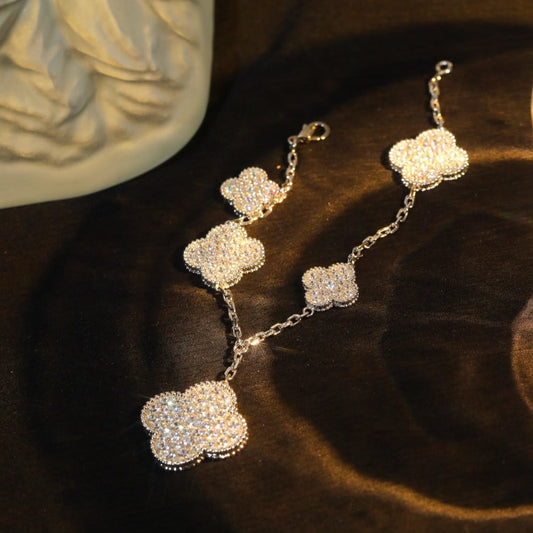 [RAFFINE]CLOVER BRACELET 5 MOTIF SILVER DIAMOND PAVED
