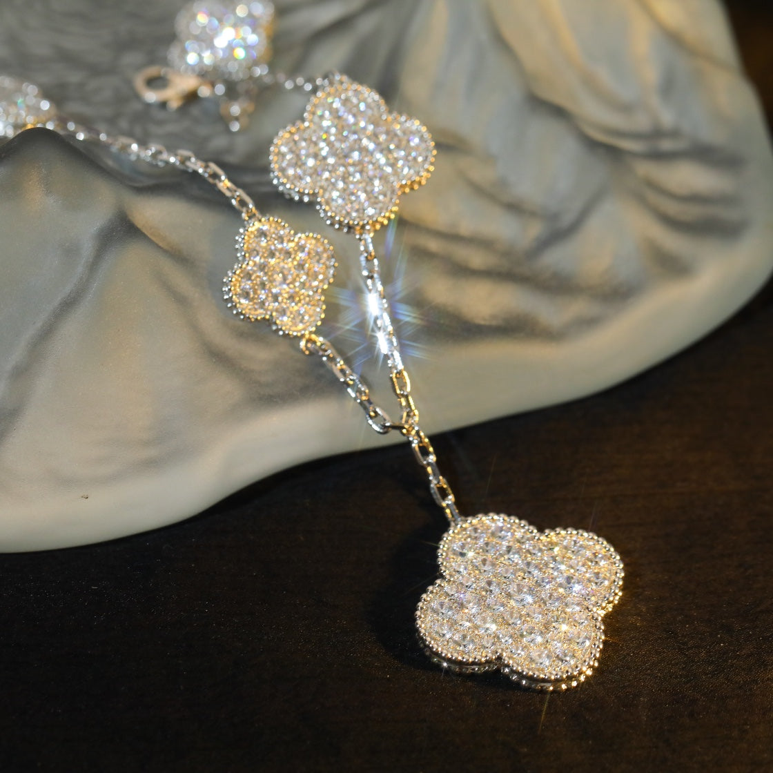 [RAFFINE]CLOVER BRACELET 5 MOTIF SILVER DIAMOND PAVED