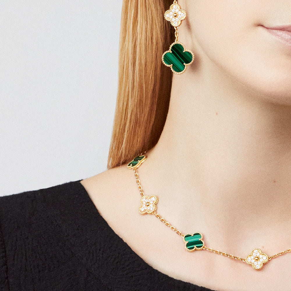 [RAFFINE]CLOVER 10 MOTIFS MALACHITE DIAMOND NECKLACE