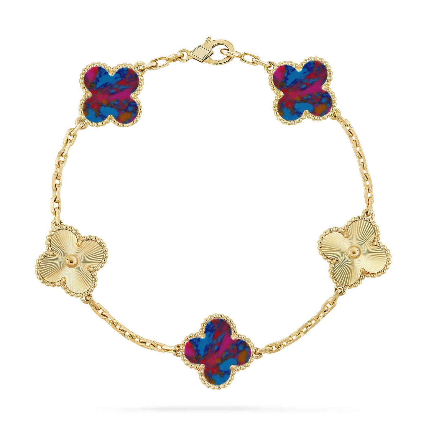 [RAFFINE]KLEEBKATTEN-ARMBAND MIT 5 MOTIVEN UND FARBIGEN EDELSTEINEN KOLLEKTION