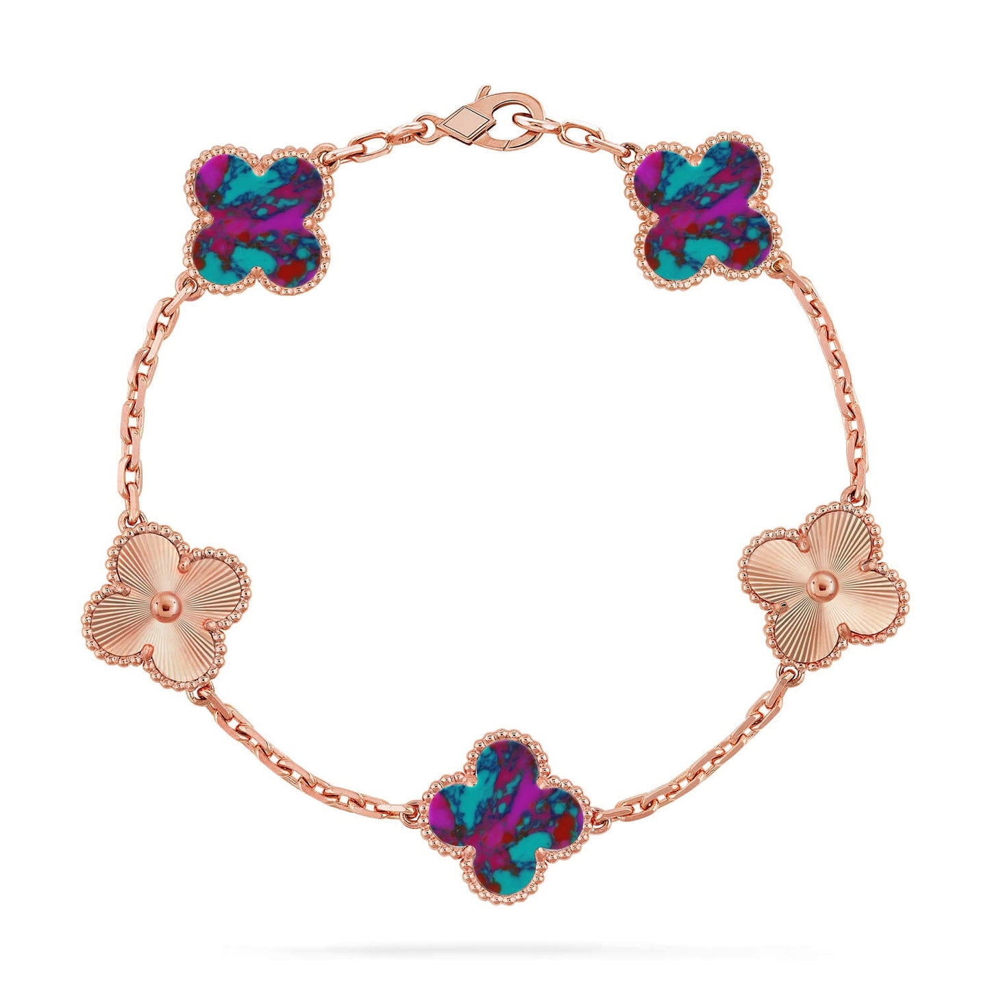 [RAFFINE]KLEEBKATTEN-ARMBAND MIT 5 MOTIVEN UND FARBIGEN EDELSTEINEN KOLLEKTION