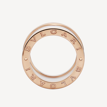 [RAFFINE]ZERO 1 ANILLO DE ORO ROSA CON CUATRO BANDAS Y ESPIRAL DE CERÁMICA BLANCA