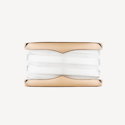 [RAFFINE]ZERO 1 ANILLO DE ORO ROSA CON CUATRO BANDAS Y ESPIRAL DE CERÁMICA BLANCA