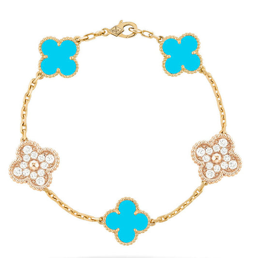 [RAFFINE] PULSERA DE ORO CON 5 MOTIVOS DE TRÉBOL, TURQUESA Y DIAMANTE