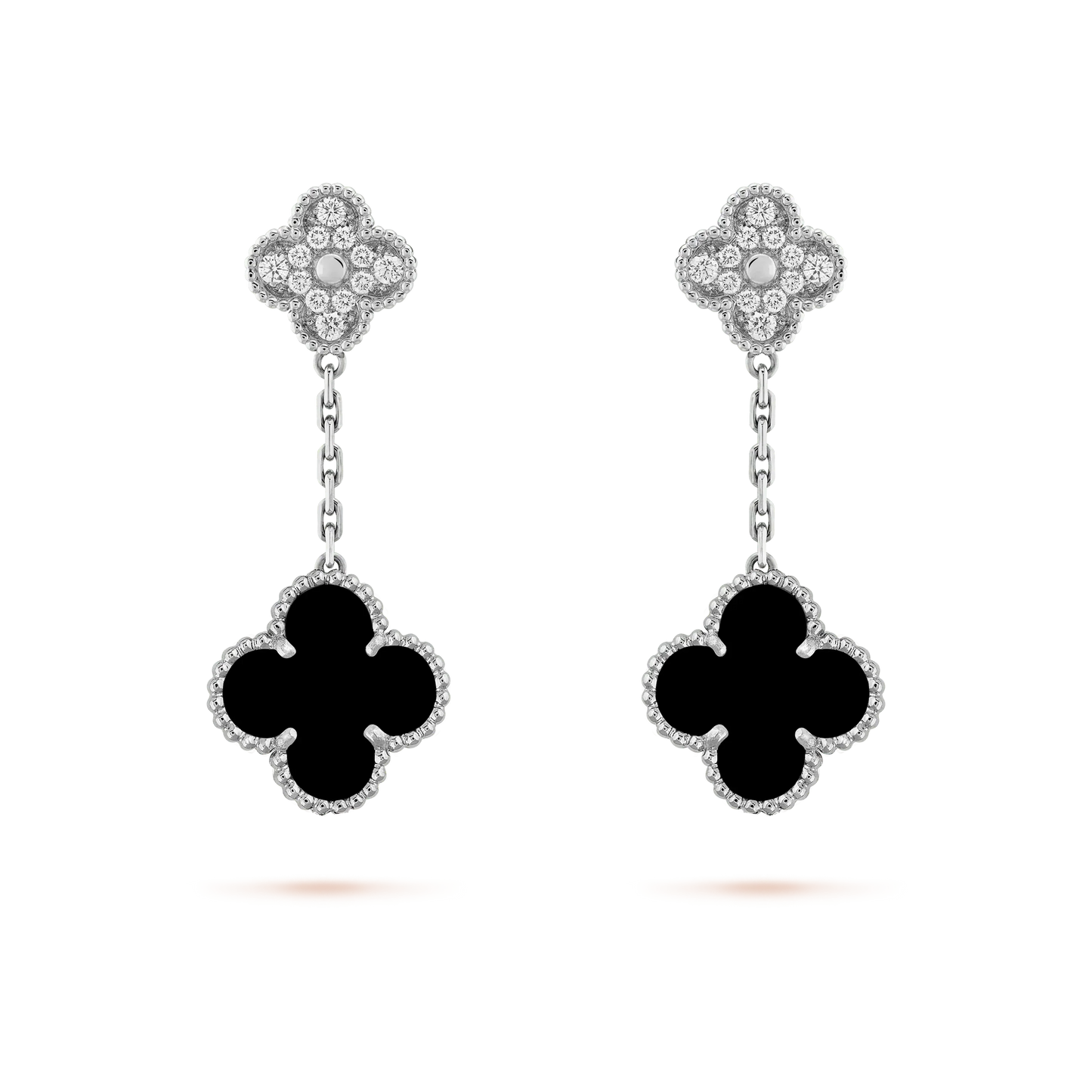[RAFFINE]CLOVER 2 MOTIFS  DIAMOND ONYX EARRINGS SILVER