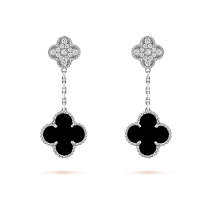 [RAFFINE]CLOVER 2 MOTIFS  DIAMOND ONYX EARRINGS SILVER